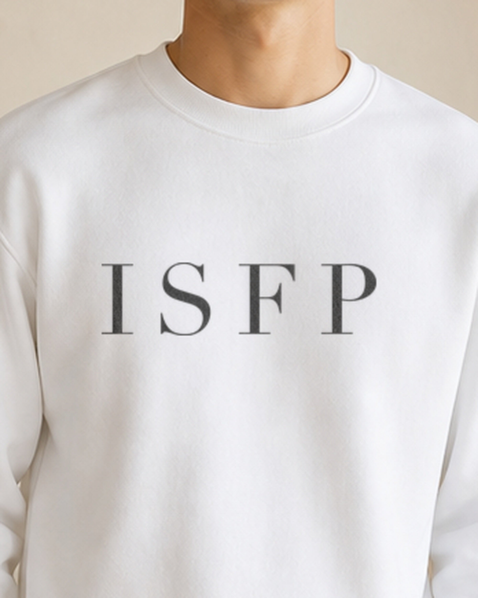 The Typese ISFP Gildan crewneck sweatshirt in white, male front detail