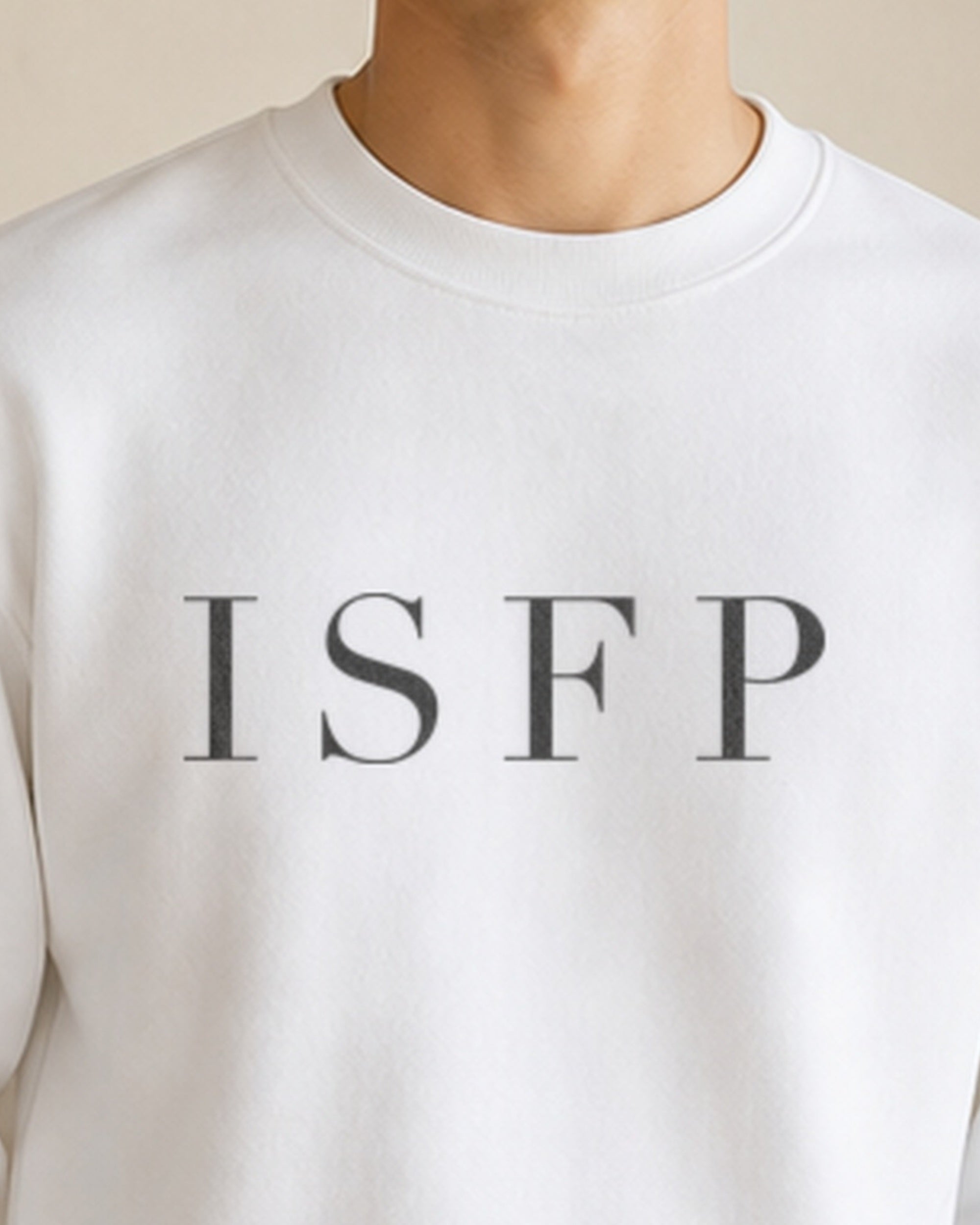 The Typese ISFP Gildan crewneck sweatshirt in white, male front neckline fabric