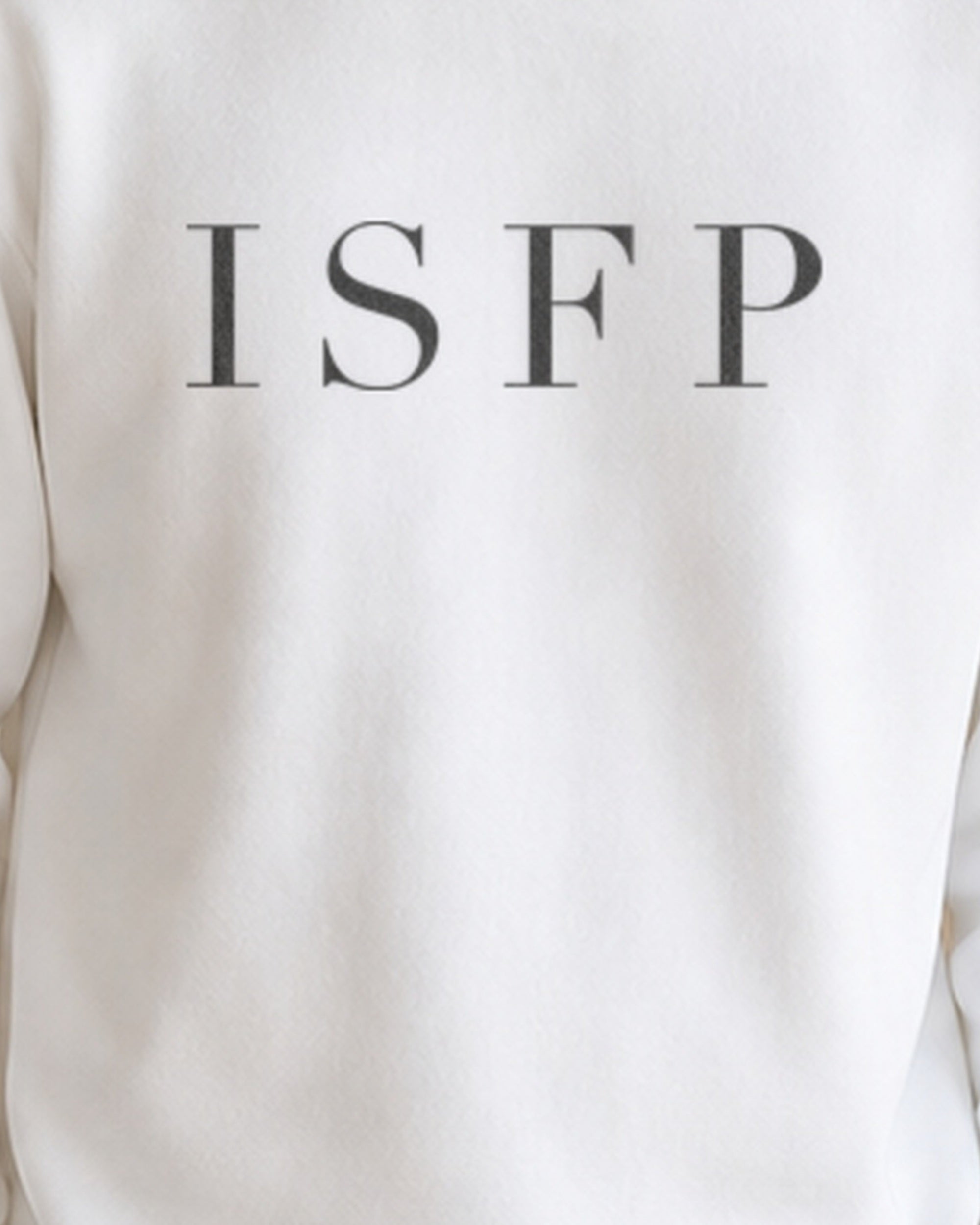 The Typese ISFP Gildan crewneck sweatshirt in white, male front print close