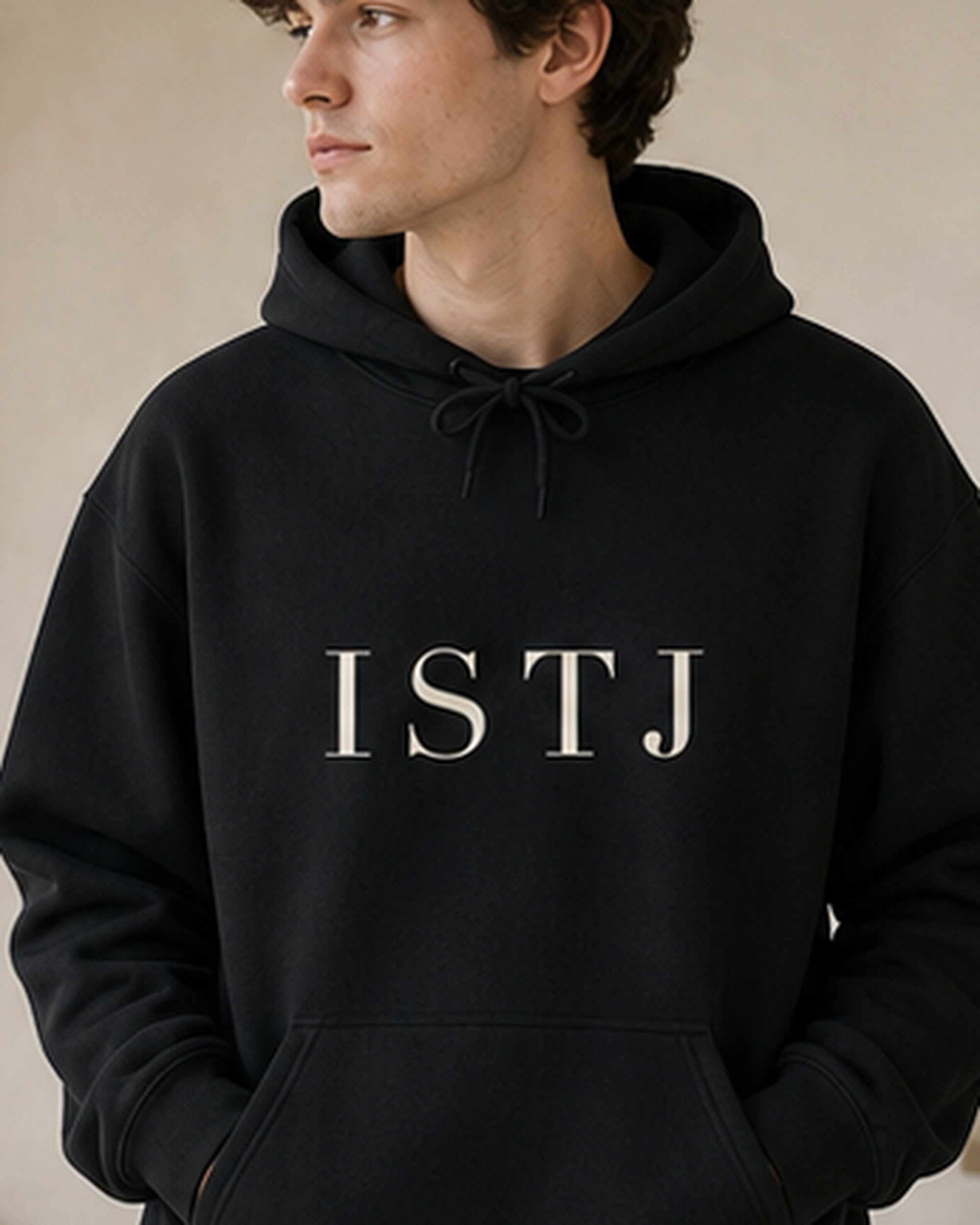 The Typese ISTJ Gildan hoodie in black, male front detail