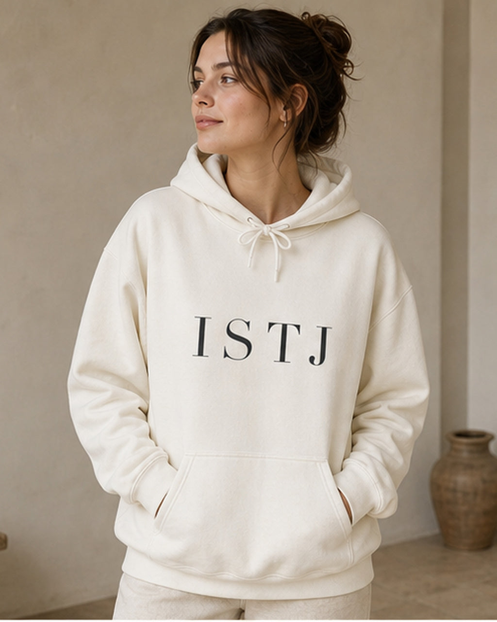 The Typese ISTJ Gildan hoodie in white, female front