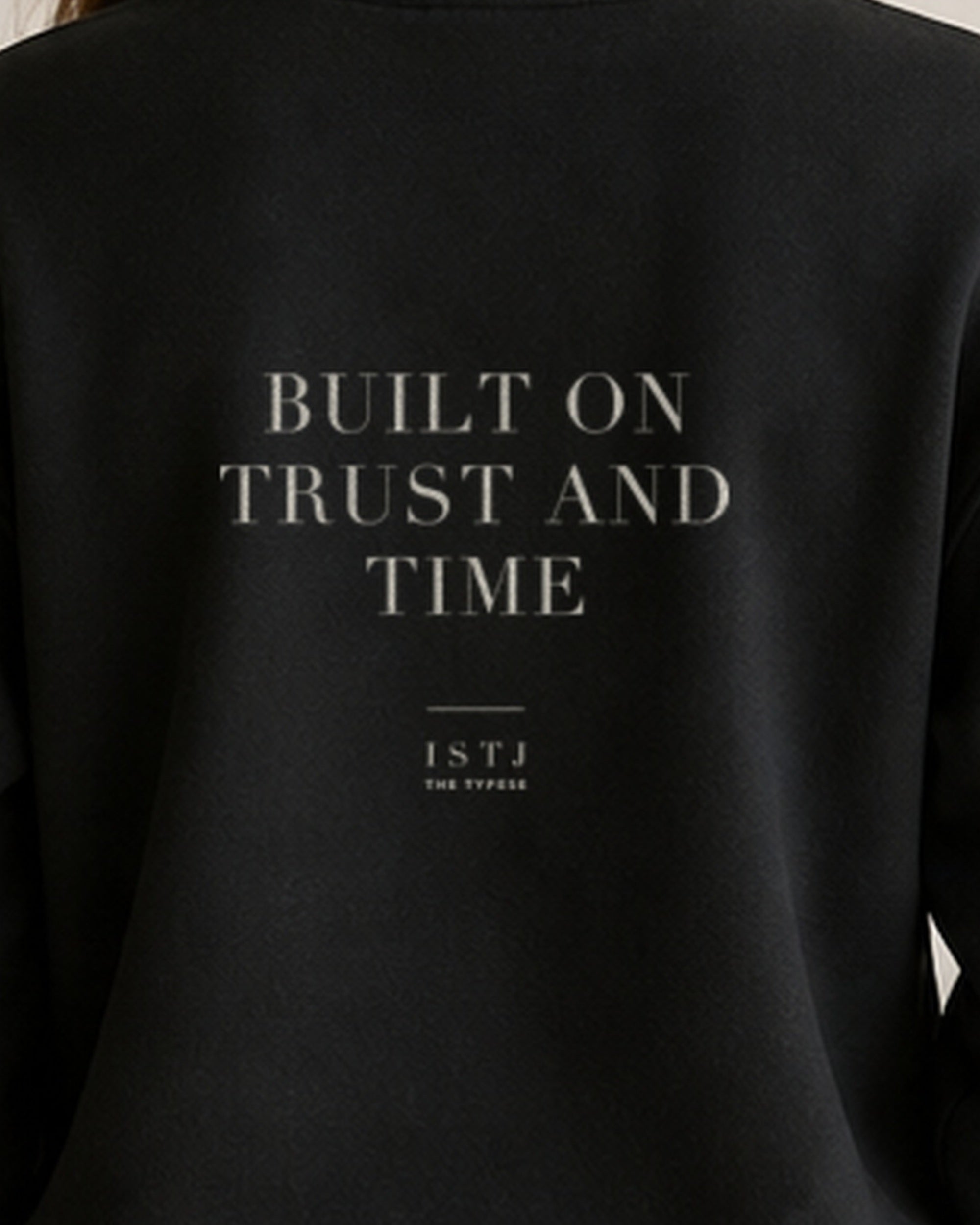 The Typese ISTJ Gildan crewneck sweatshirt in black, female back print close