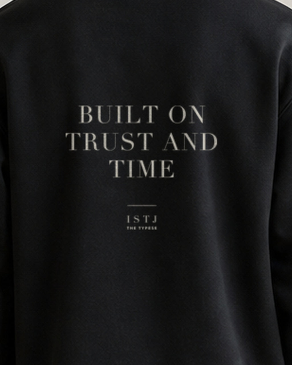 The Typese ISTJ Gildan crewneck sweatshirt in black, male back print close