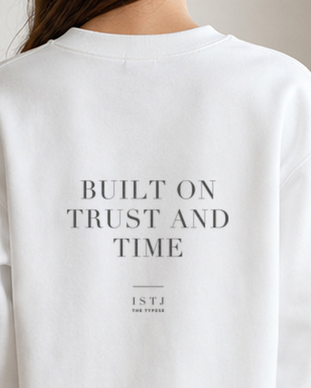 The Typese ISTJ Gildan crewneck sweatshirt in white, female back neckline print