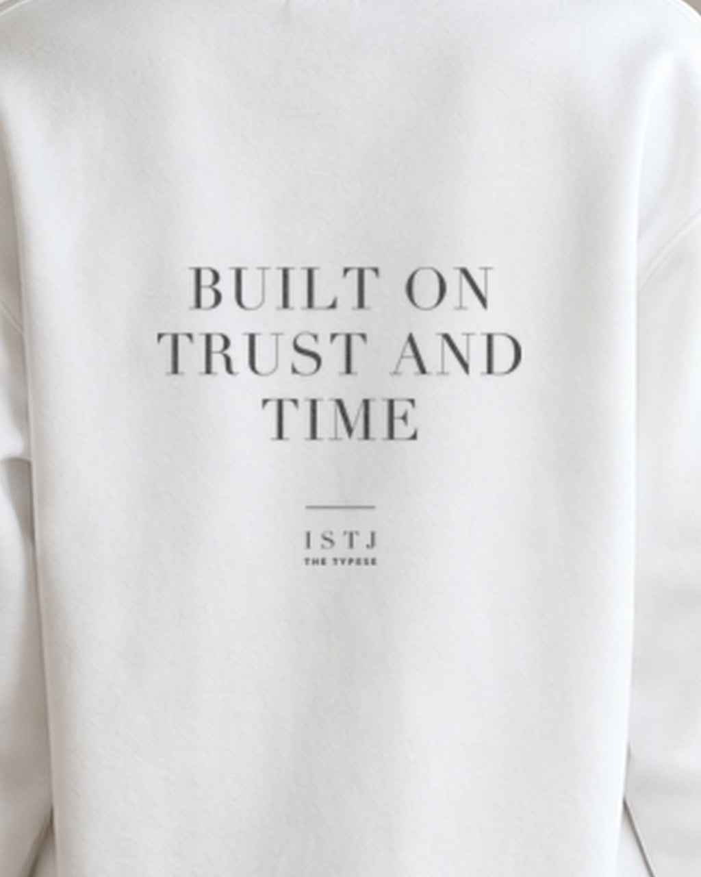 The Typese ISTJ Gildan crewneck sweatshirt in white, female back print close