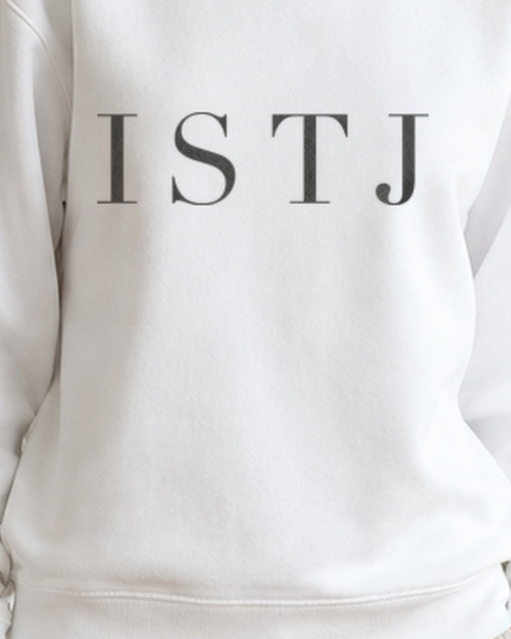 The Typese ISTJ Gildan crewneck sweatshirt in white, female front print close