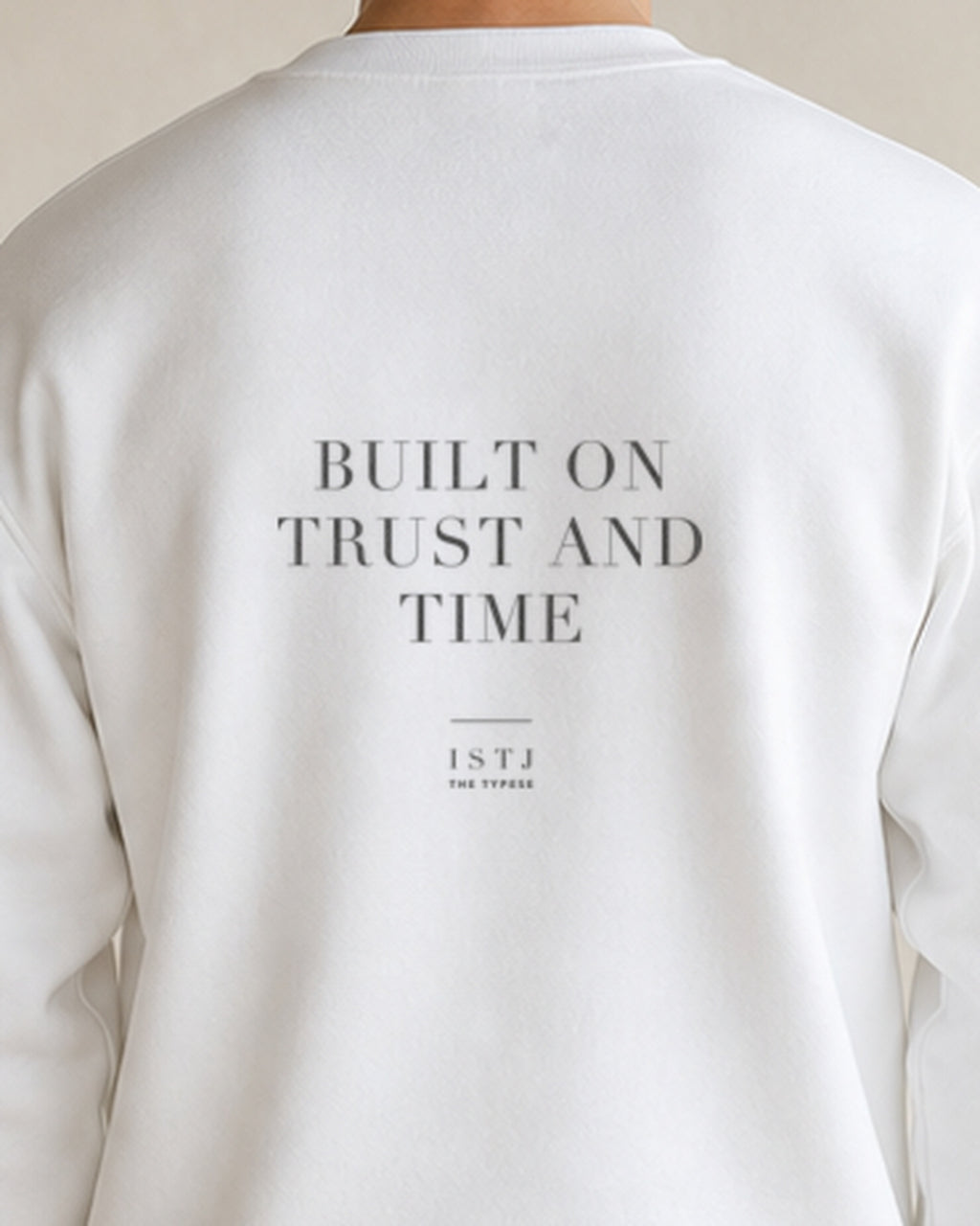 The Typese ISTJ Gildan crewneck sweatshirt in white, male back detail