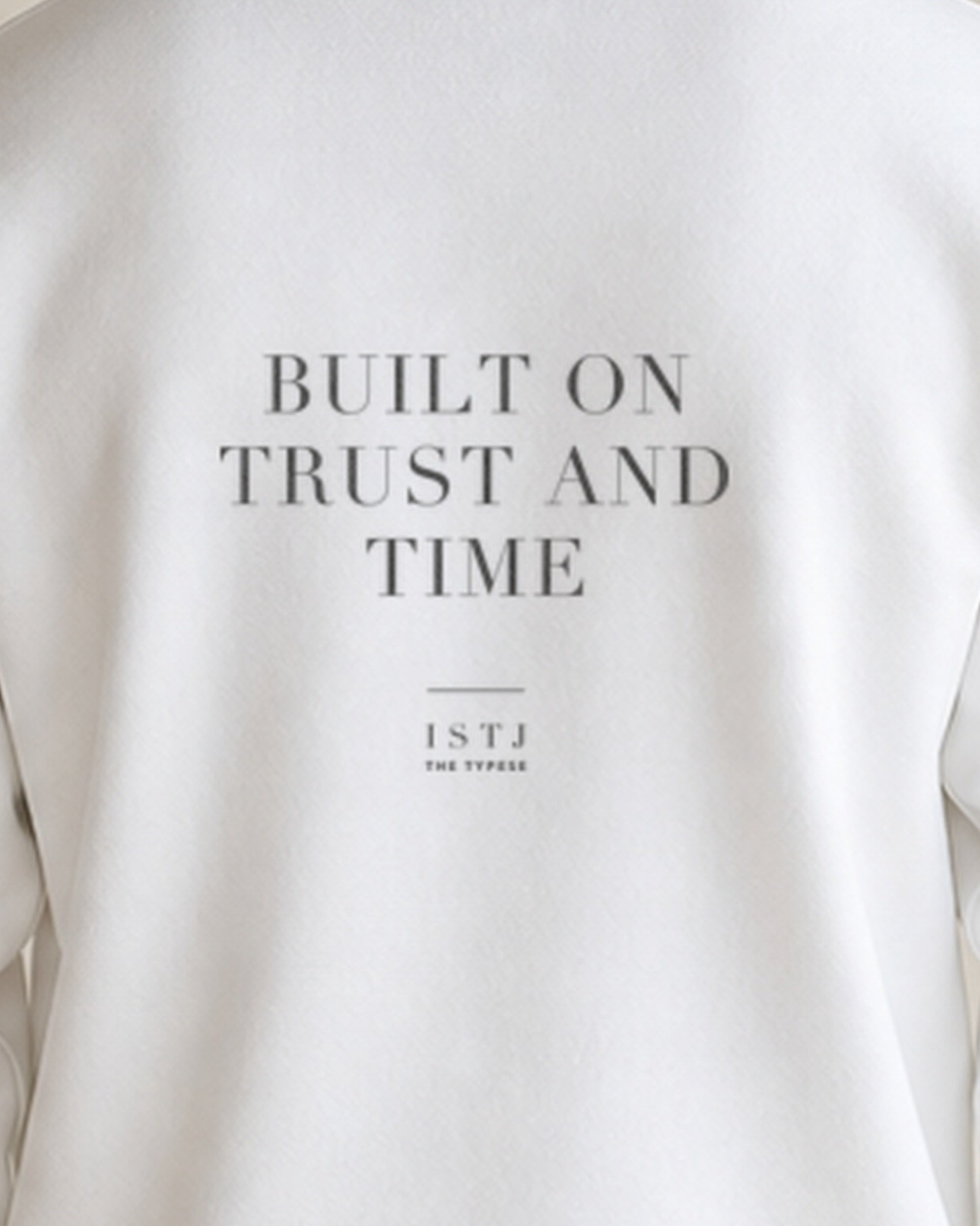 The Typese ISTJ Gildan crewneck sweatshirt in white, male back print close