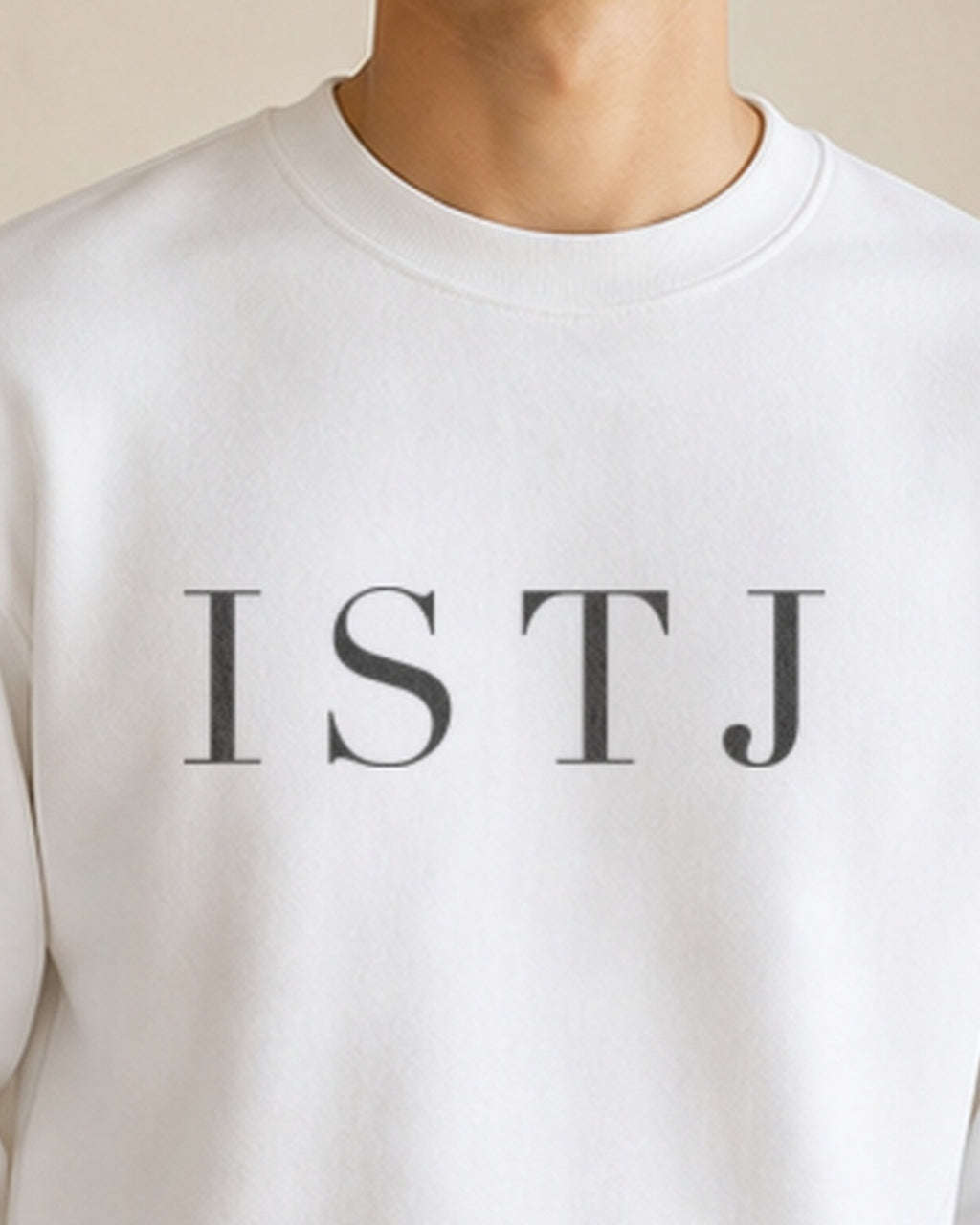 The Typese ISTJ Gildan crewneck sweatshirt in white, male front neckline fabric