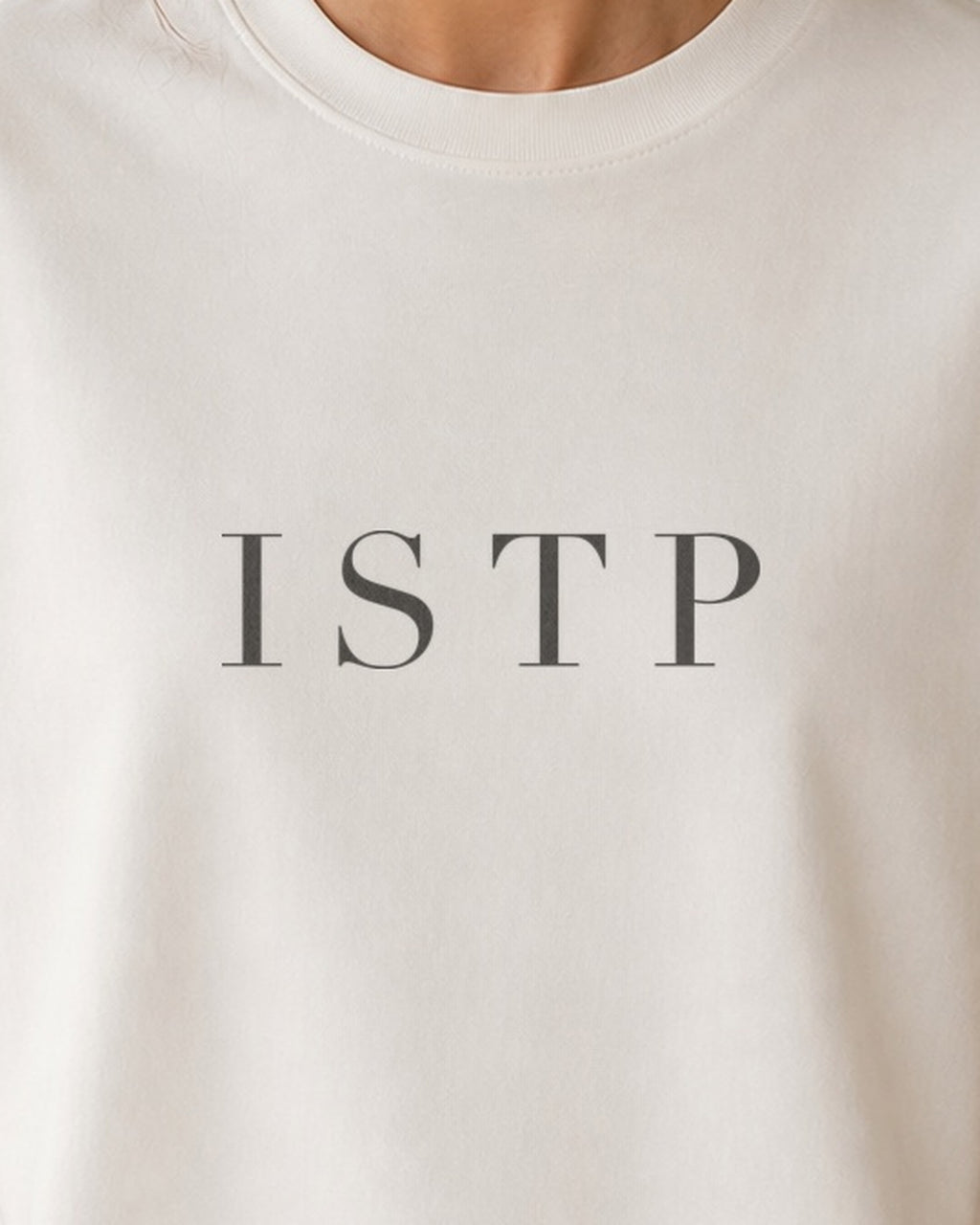 The Typese ISTP Comfort Colors Tee in cream white, female front detail