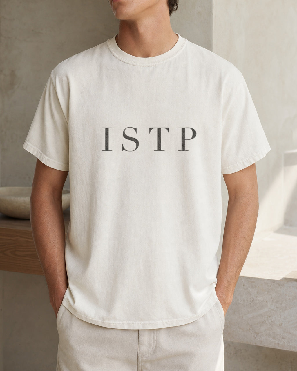 The Typese ISTP Comfort Colors Tee in cream white, male front
