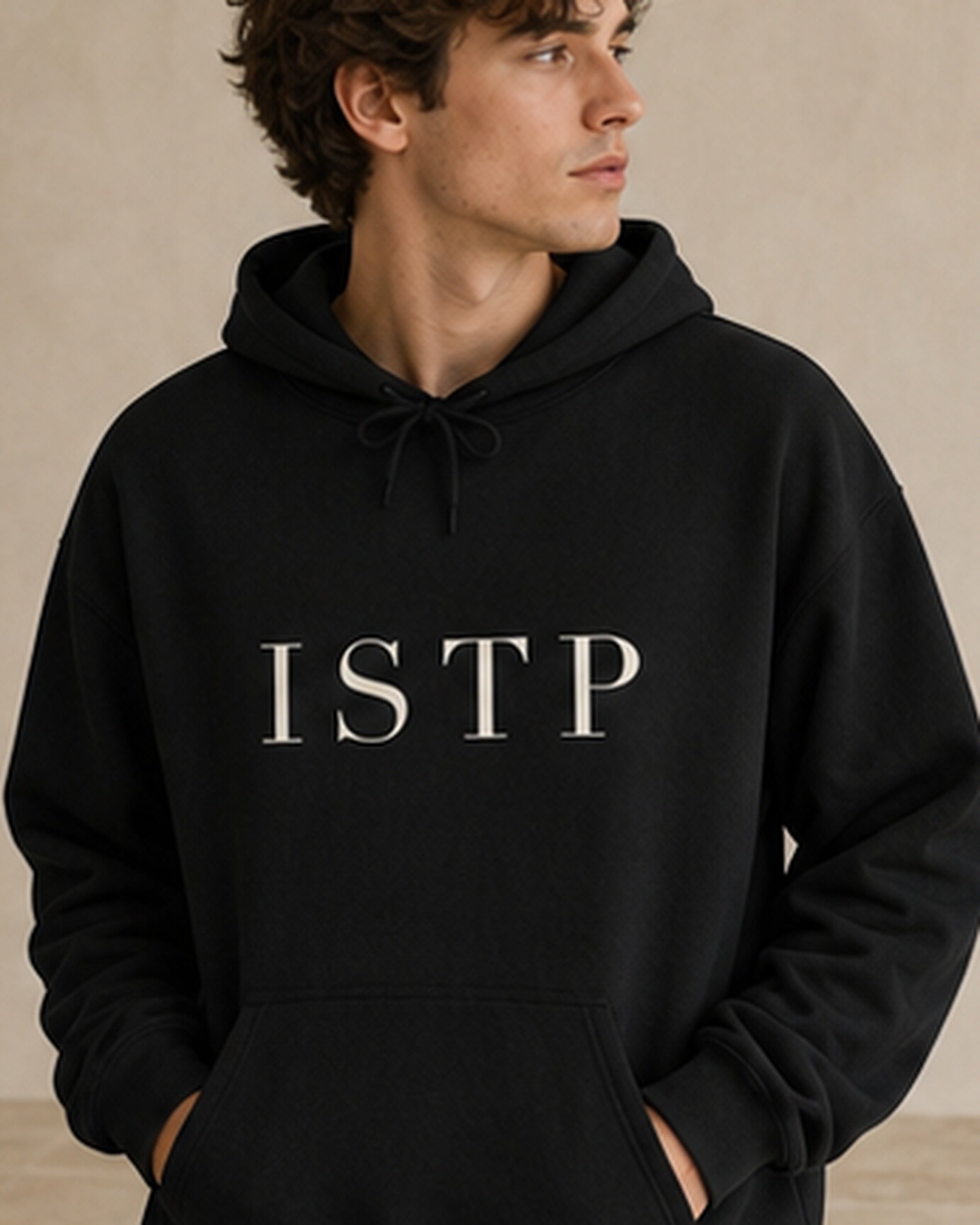 The Typese ISTP Gildan hoodie in black, male front detail