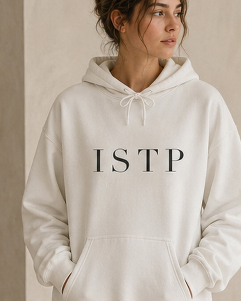 The Typese ISTP Gildan hoodie in white, female front detail