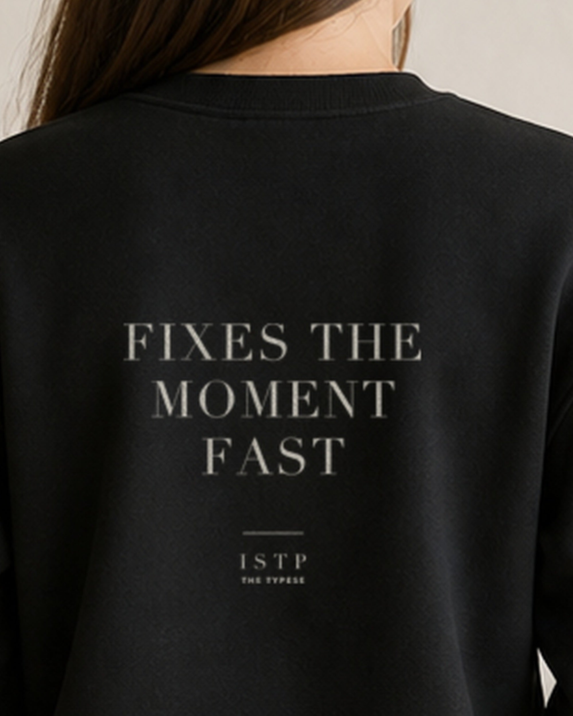 The Typese ISTP Gildan crewneck sweatshirt in black, female back neckline print