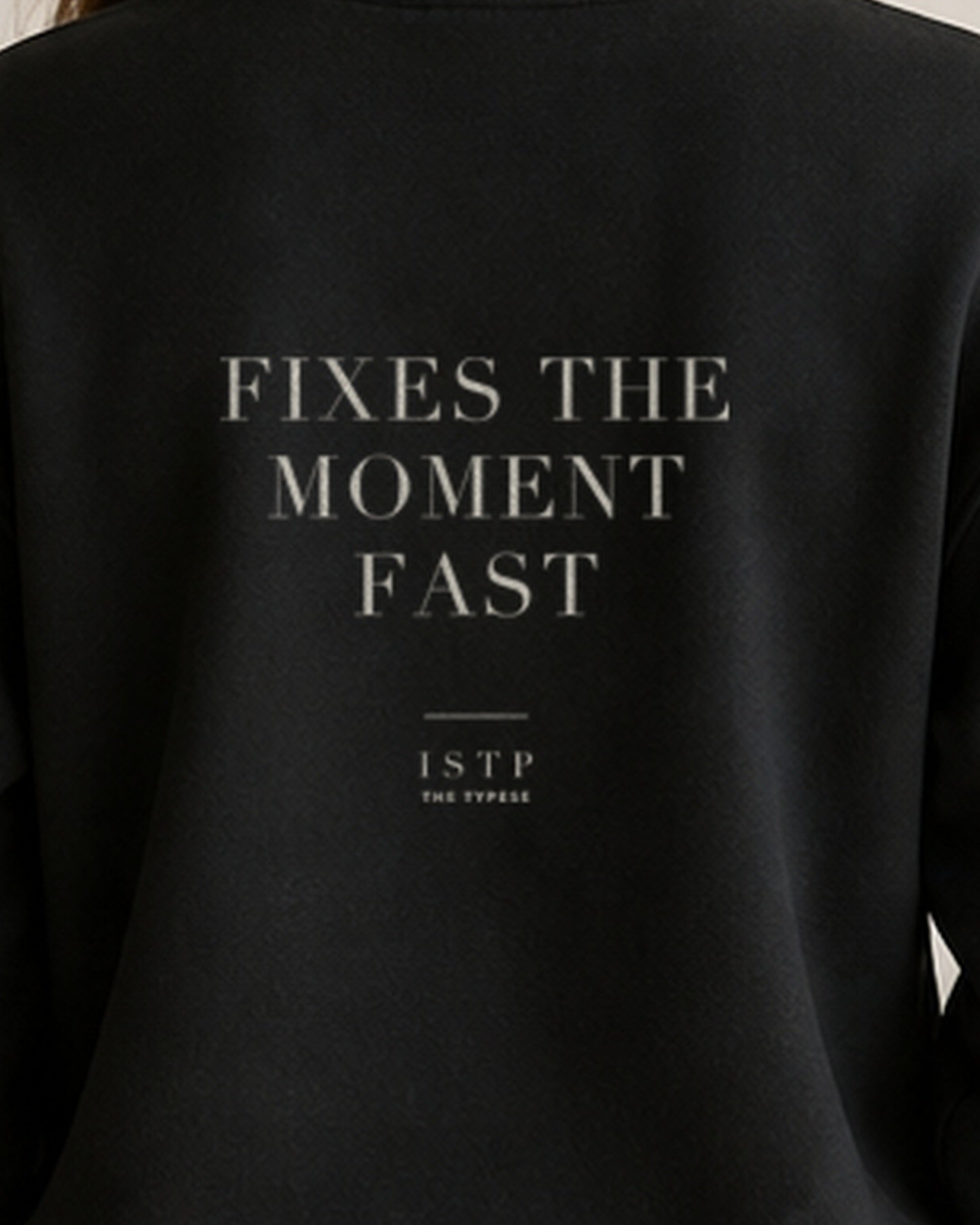 The Typese ISTP Gildan crewneck sweatshirt in black, female back print close