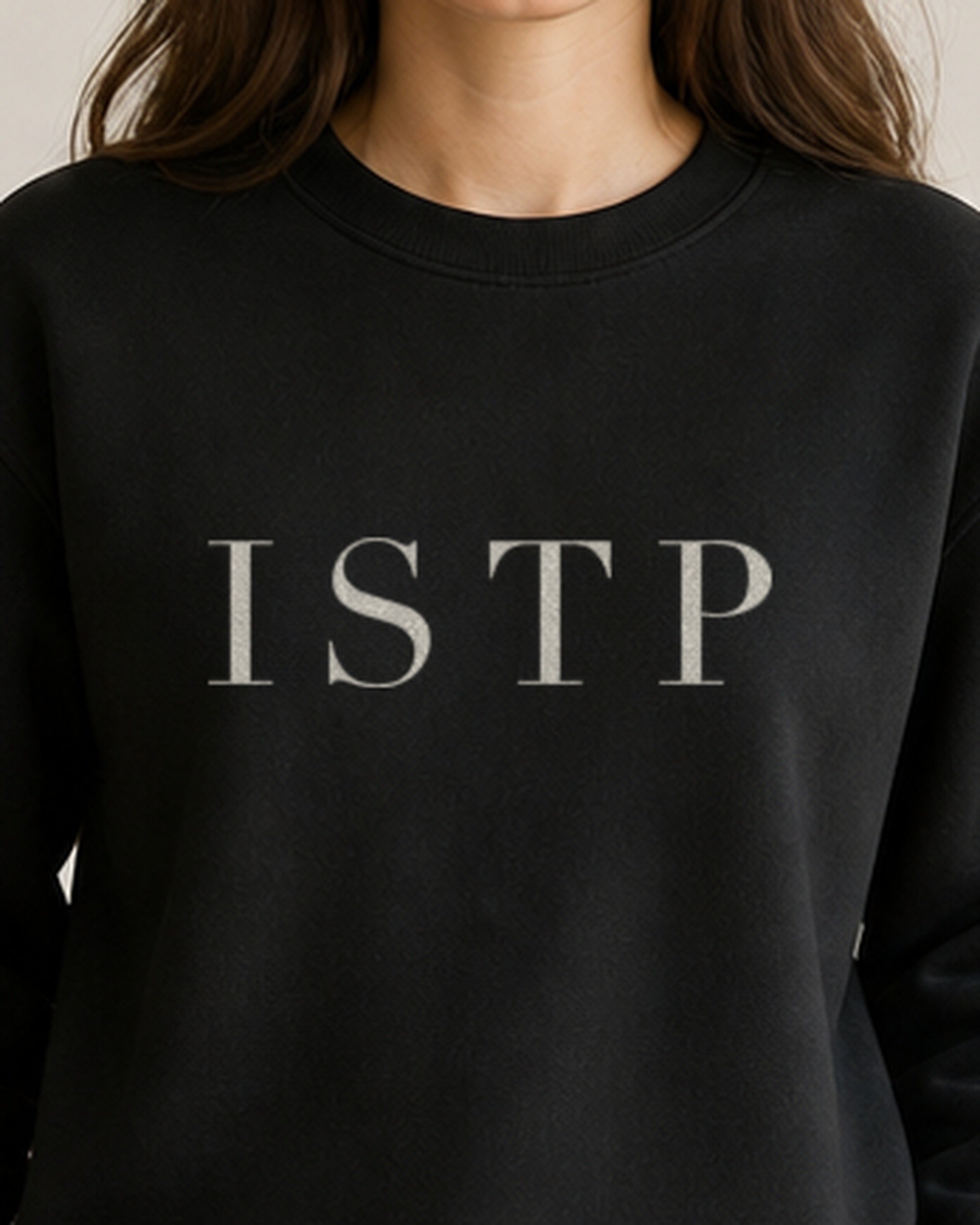 The Typese ISTP Gildan crewneck sweatshirt in black, female front detail