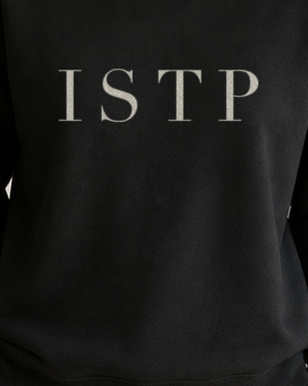 The Typese ISTP Gildan crewneck sweatshirt in black, female front print close
