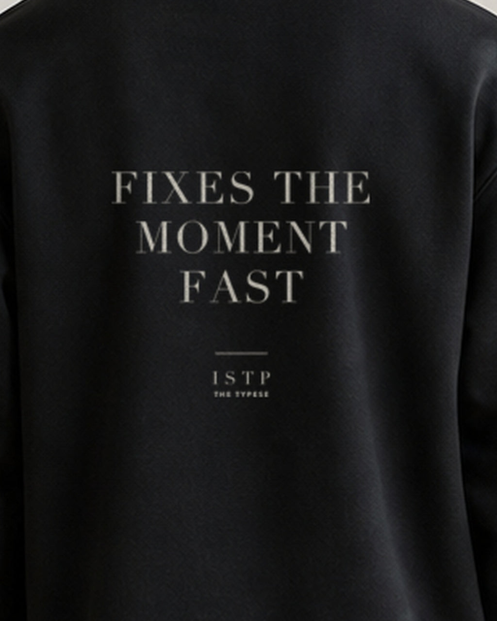 The Typese ISTP Gildan crewneck sweatshirt in black, male back print close