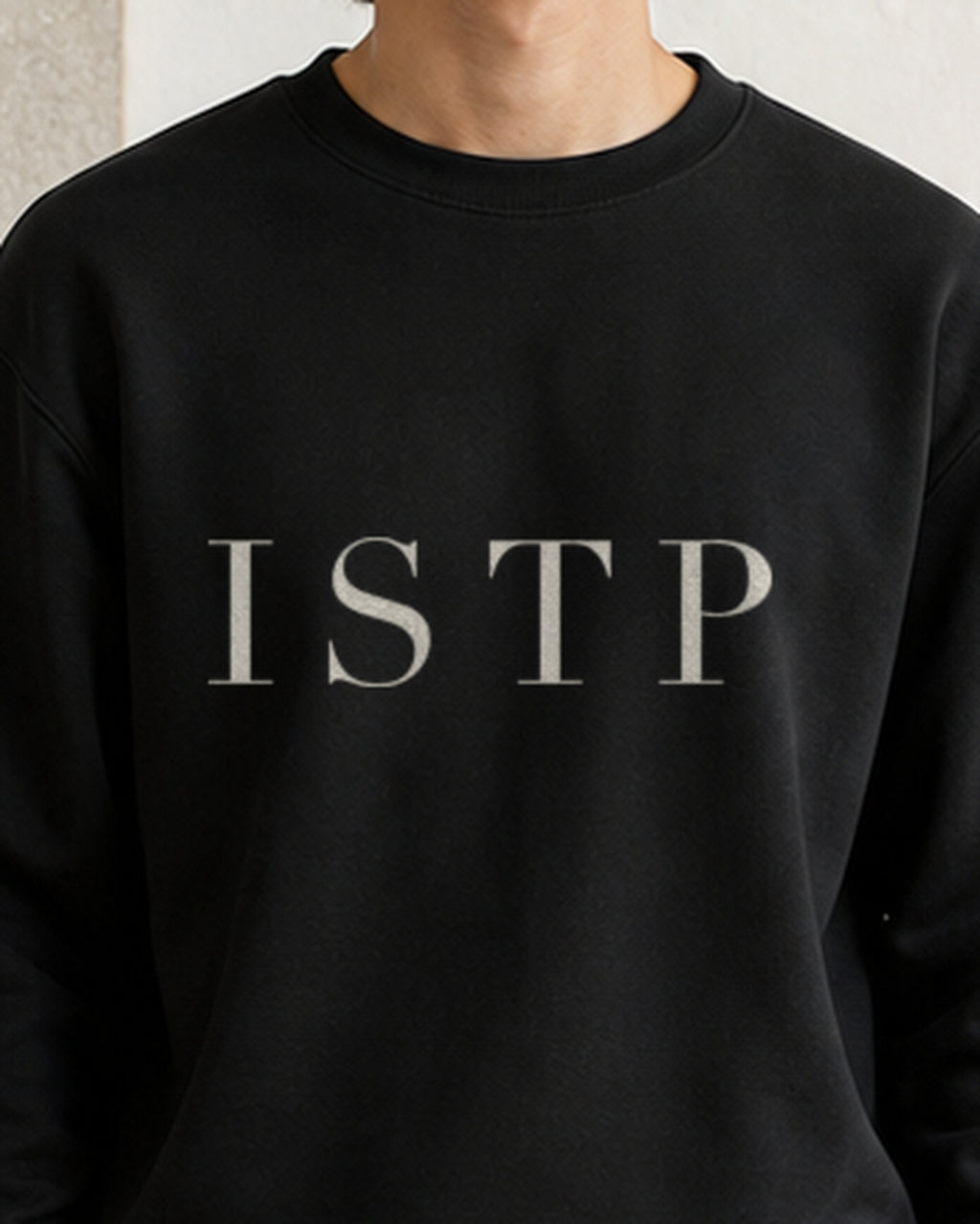 The Typese ISTP Gildan crewneck sweatshirt in black, male front detail