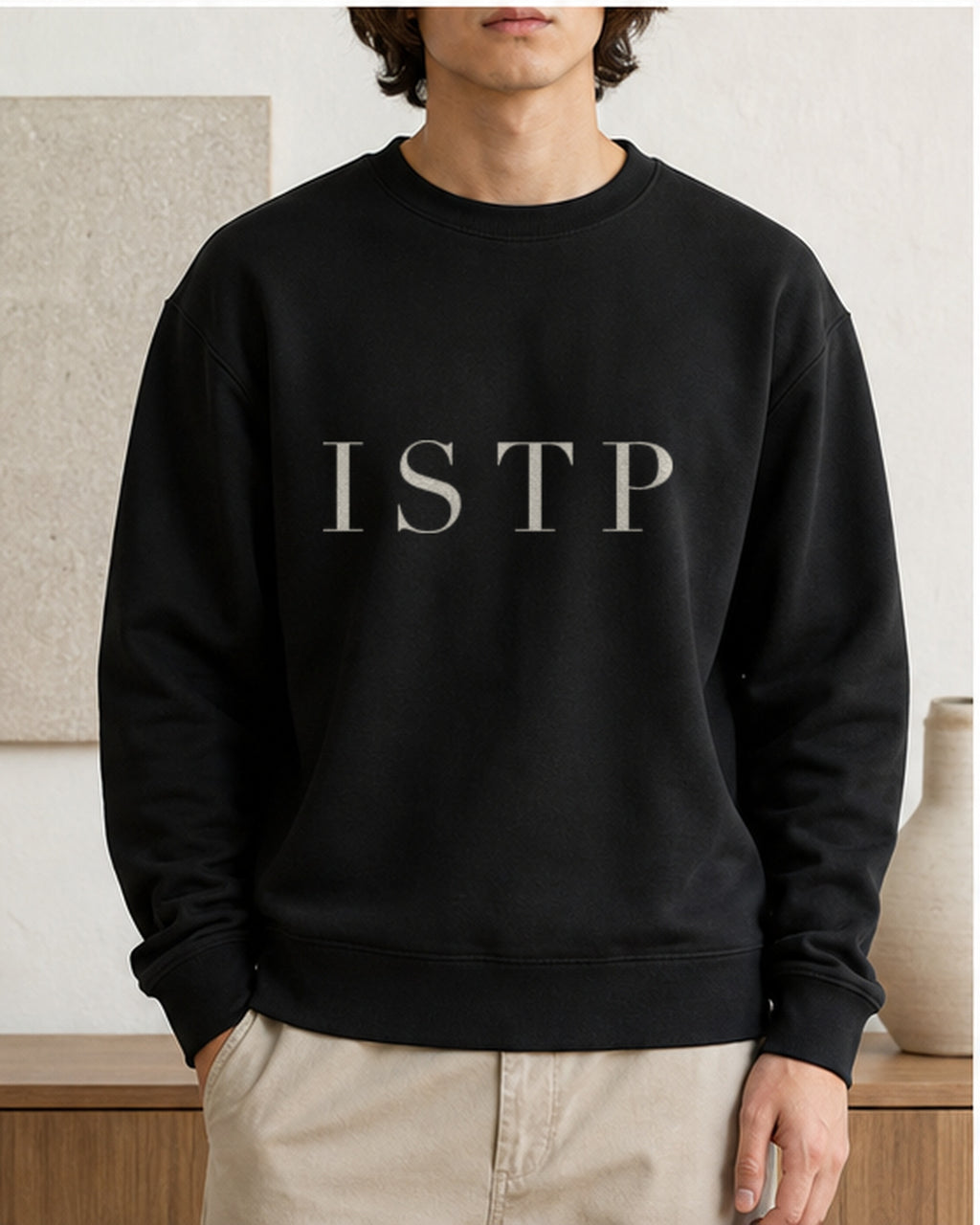 The Typese ISTP Gildan crewneck sweatshirt in black, male front