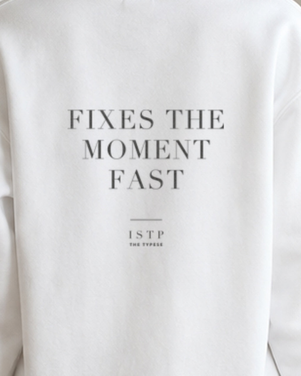 The Typese ISTP Gildan crewneck sweatshirt in white, female back print close