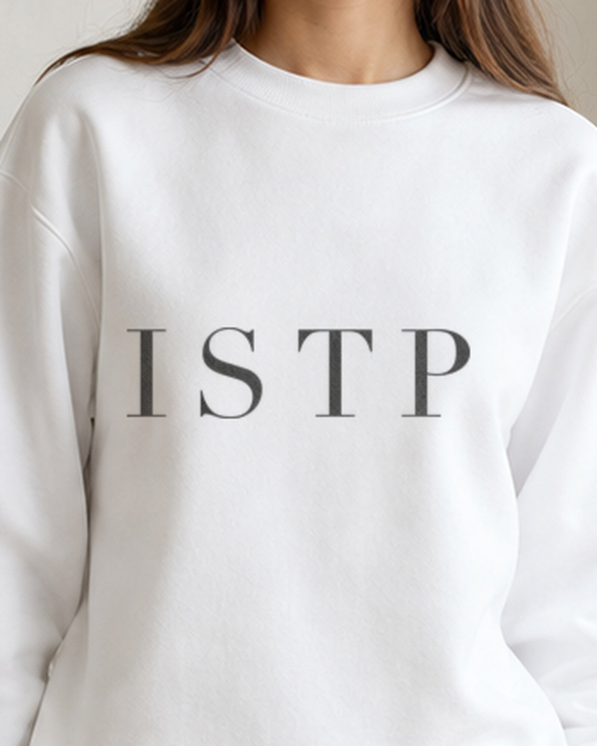The Typese ISTP Gildan crewneck sweatshirt in white, female front detail