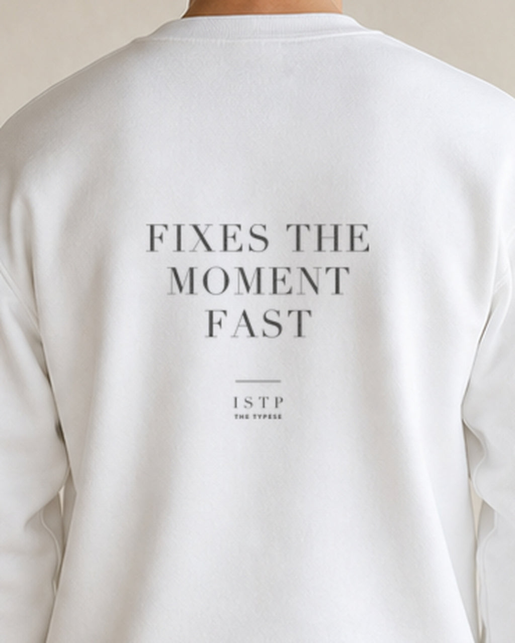 The Typese ISTP Gildan crewneck sweatshirt in white, male back detail