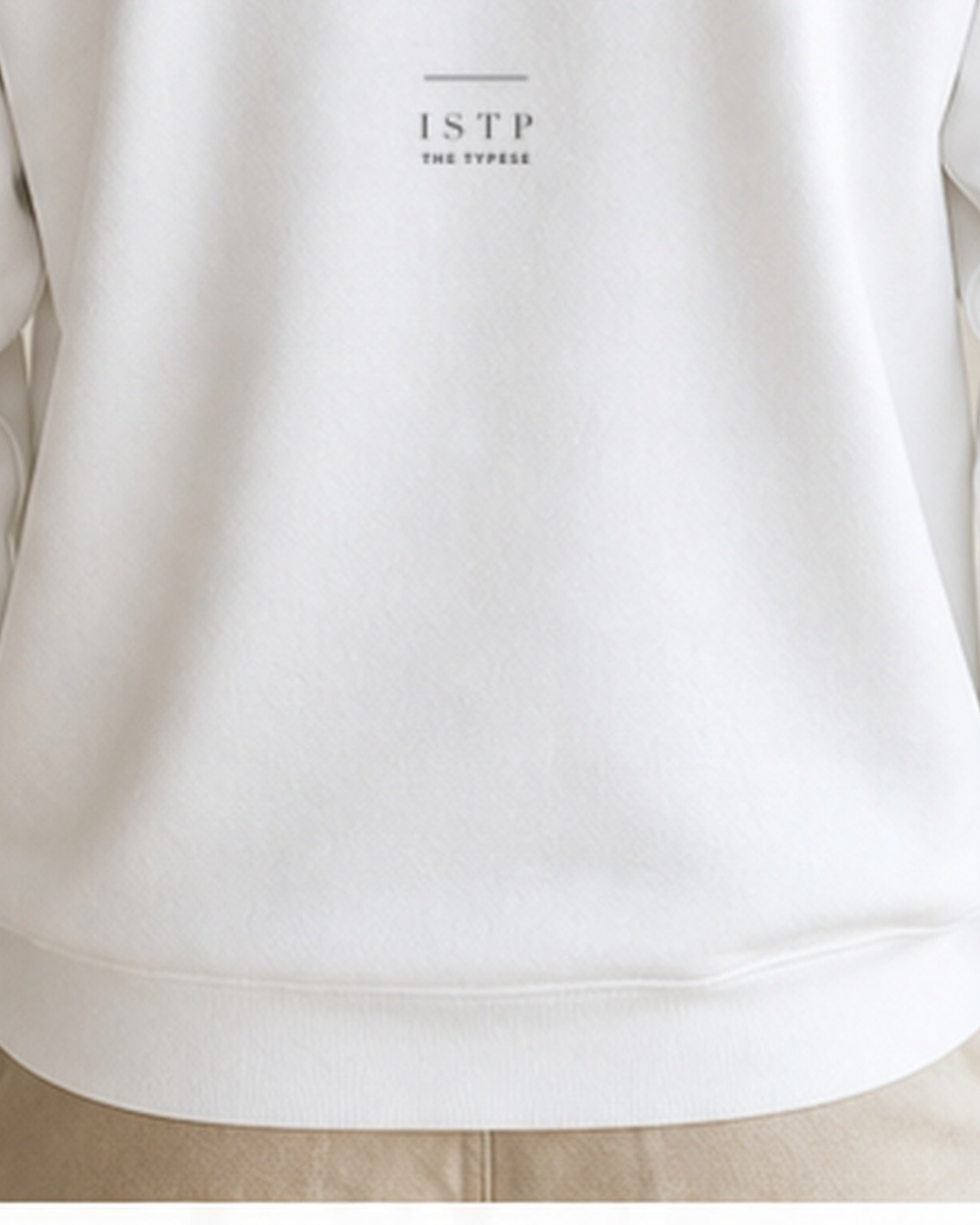 The Typese ISTP Gildan crewneck sweatshirt in white, male back hem fleece texture