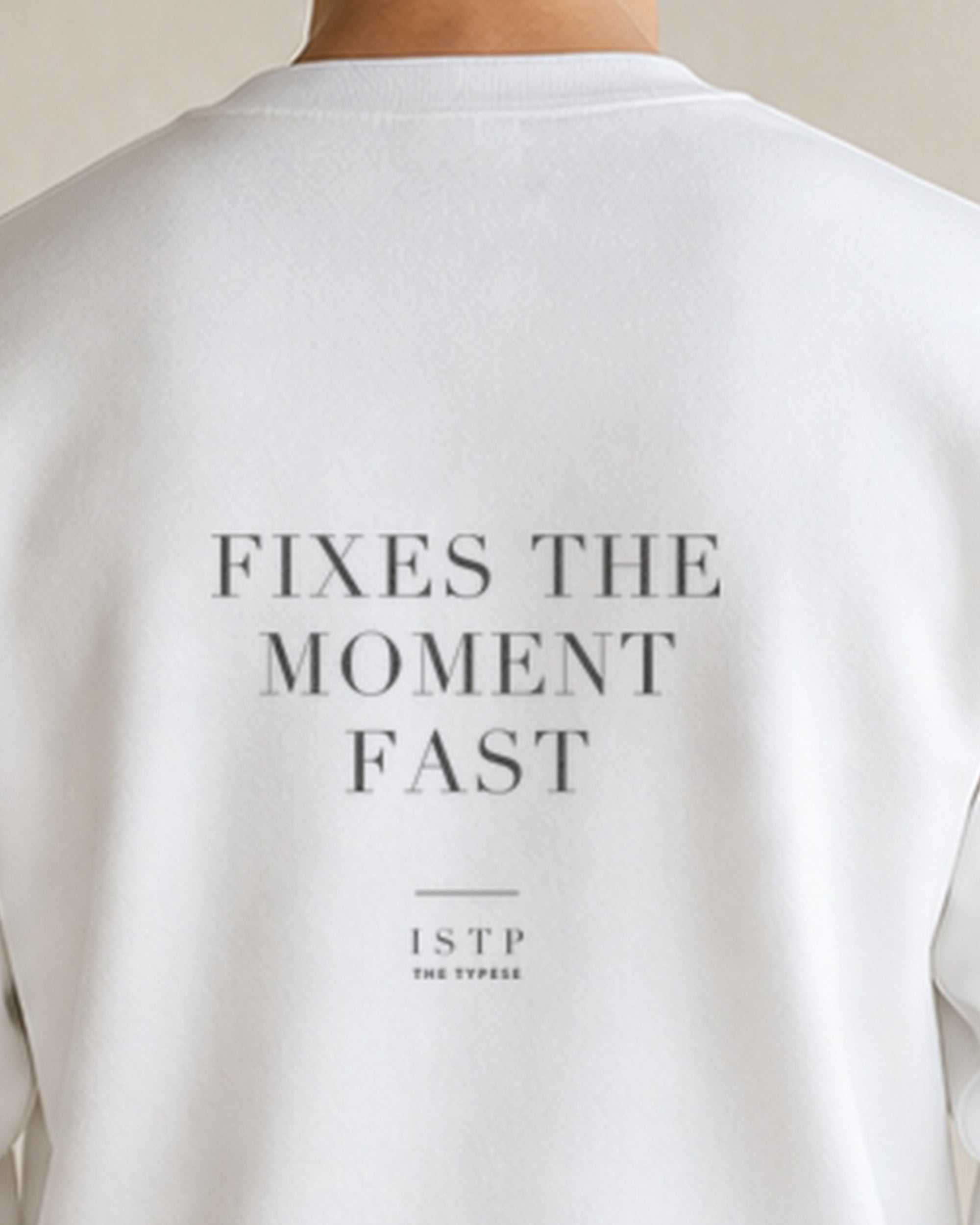 The Typese ISTP Gildan crewneck sweatshirt in white, male back neckline print