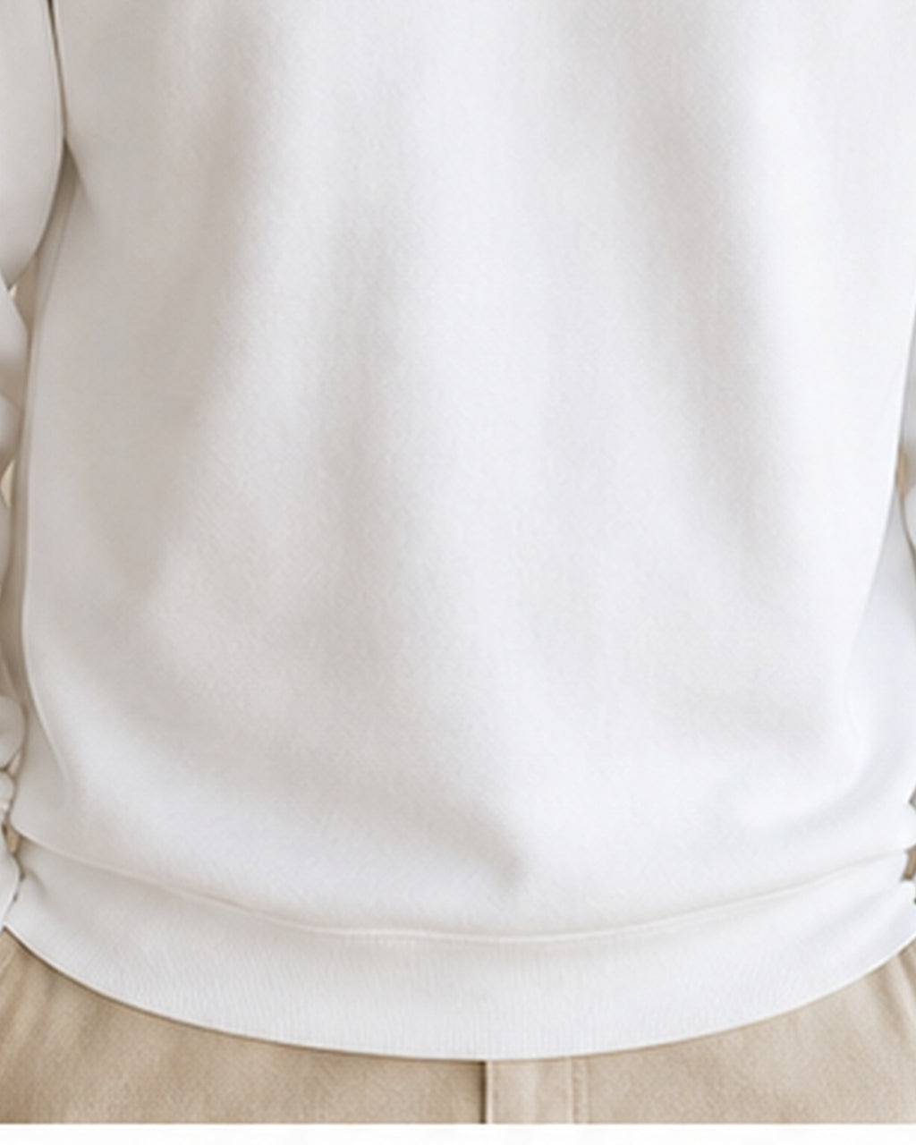 The Typese ISTP Gildan crewneck sweatshirt in white, male front hem fleece texture