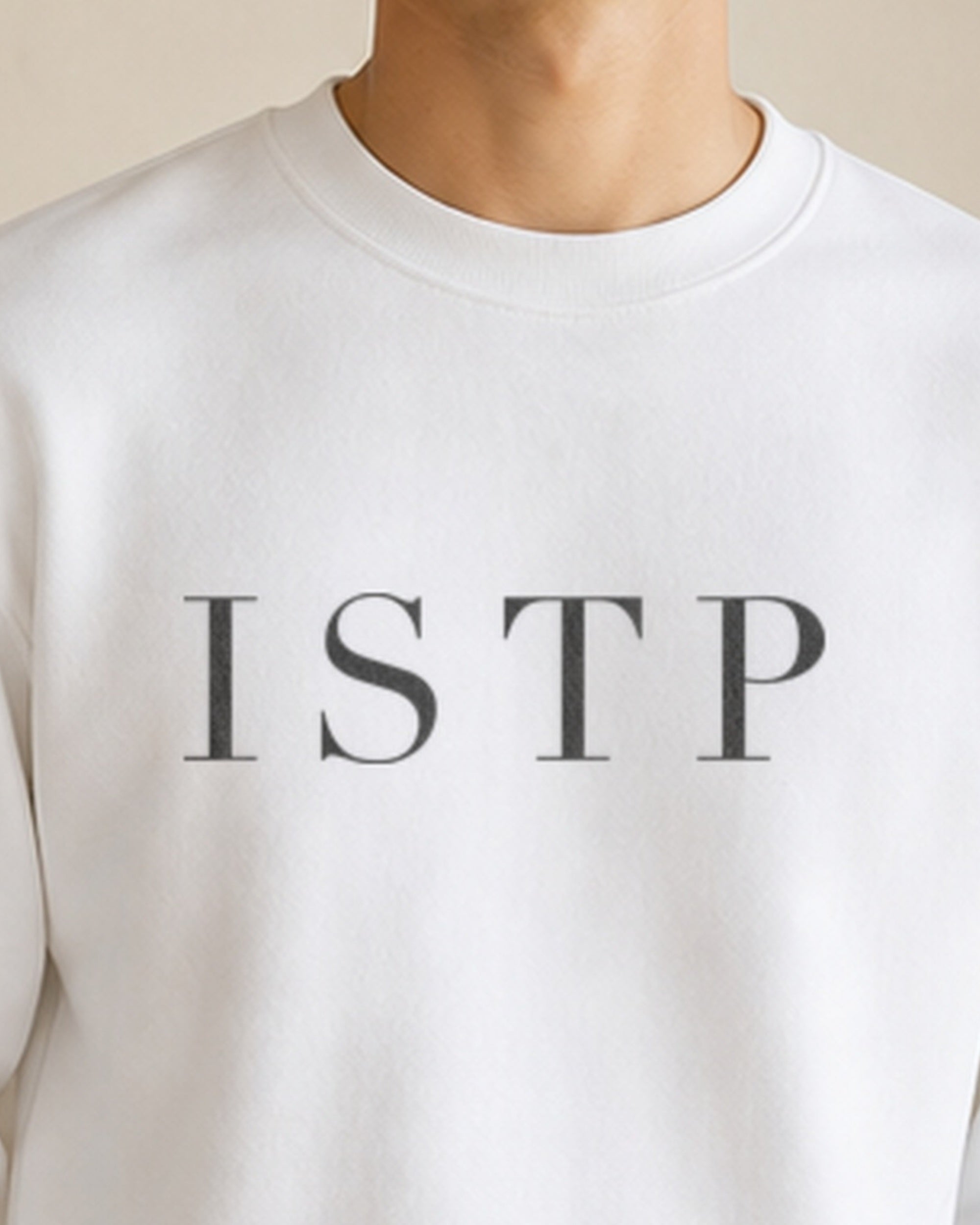 The Typese ISTP Gildan crewneck sweatshirt in white, male front neckline fabric