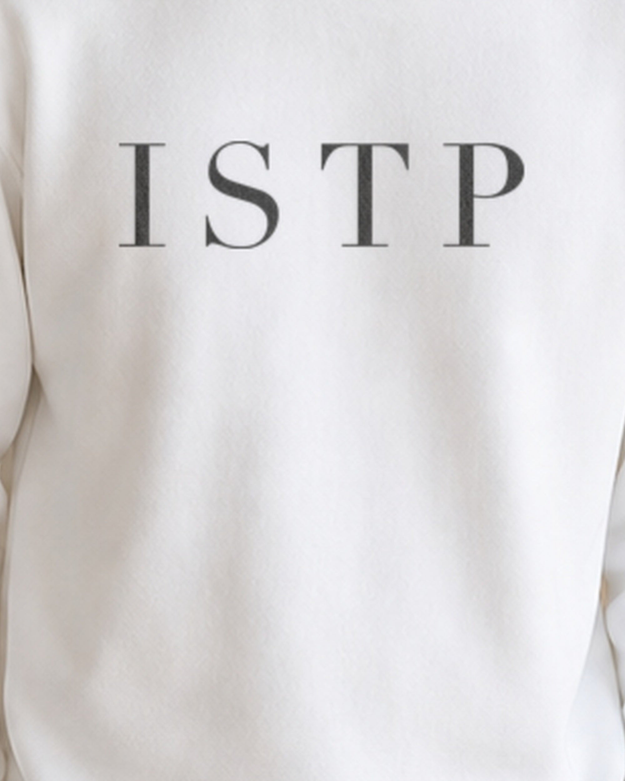 The Typese ISTP Gildan crewneck sweatshirt in white, male front print close